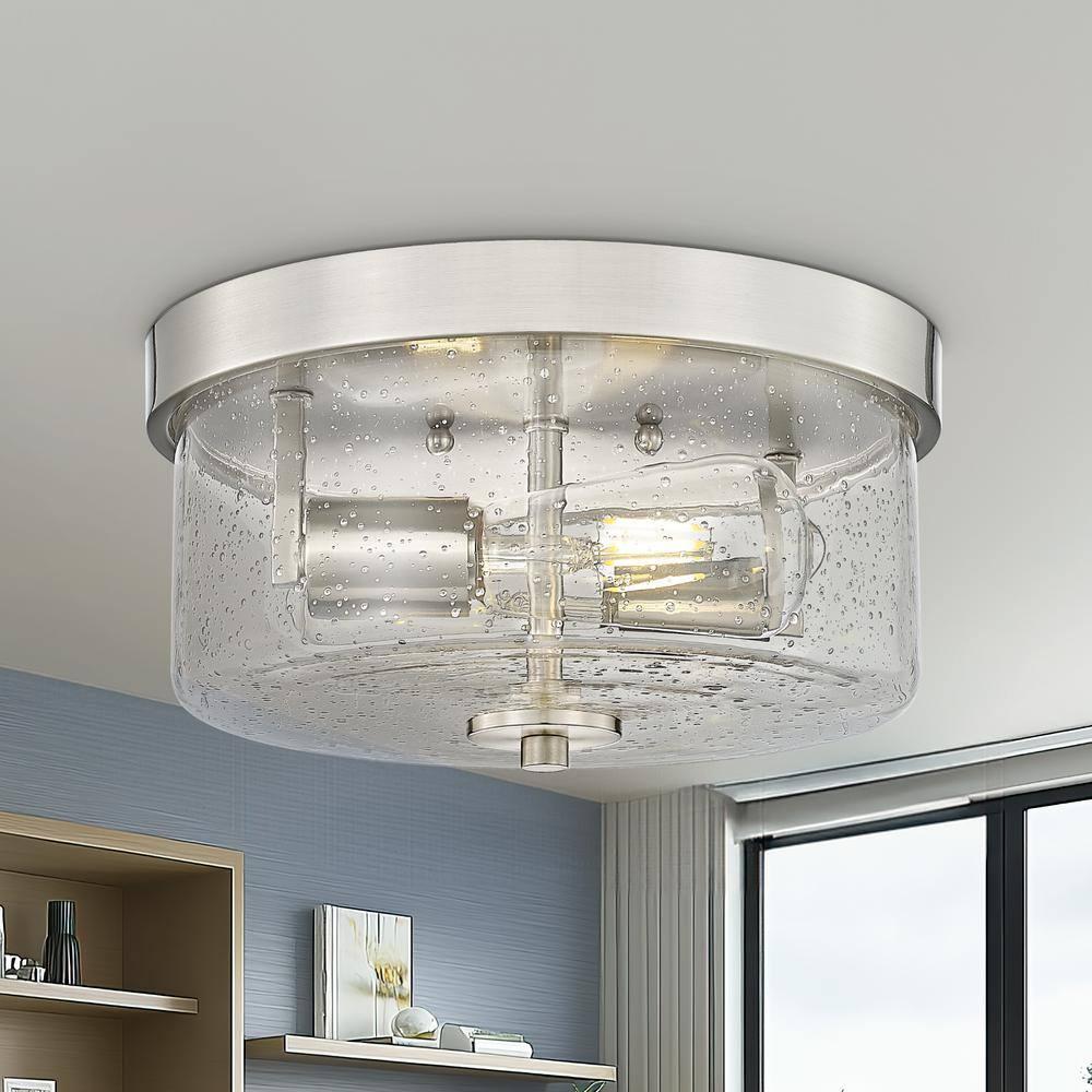 Emak 2-Light Brushed Nickel Ceiling Light Fixture, 11 Inch Flush Mount Light Fixture with Seeded Glass Shade for Bedroom, Living Room, Kitchen, Hallway, Bathroom, FM082-BN
