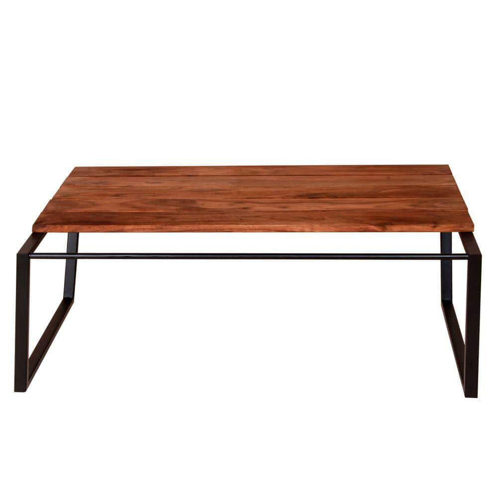 The Urban Port 41.7 Inch Rectangular Coffee Table with Plank Style Top, Metal Frame, Brown and Black