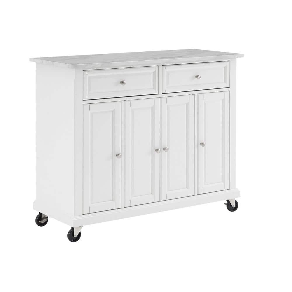 Avery Kitchen Island/Cart Distressed White/White Marble - Crosley: Adjustable Shelves, Particle Board Frame, 6 Shelves, 2 Drawers