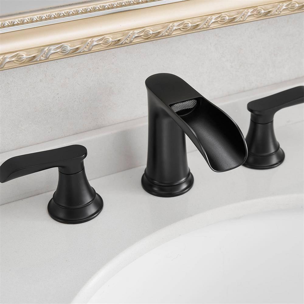 Bathroom Faucet 3 Hole Black, 8 inch Widespread Bathroom Faucet Waterfall Face Basin Faucet for Bathroom Sink, Matte Black (A.Matte Black)