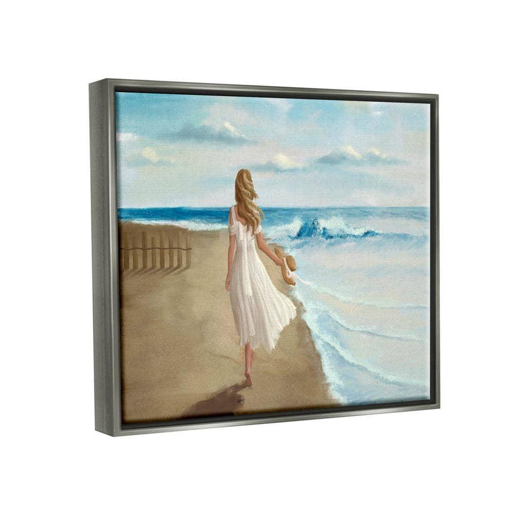 Stupell Industries Walk On The Beach Blue Ocean Painting Luster Gray Framed Floating Canvas Wall Art, 16x20, by Ziwei Li