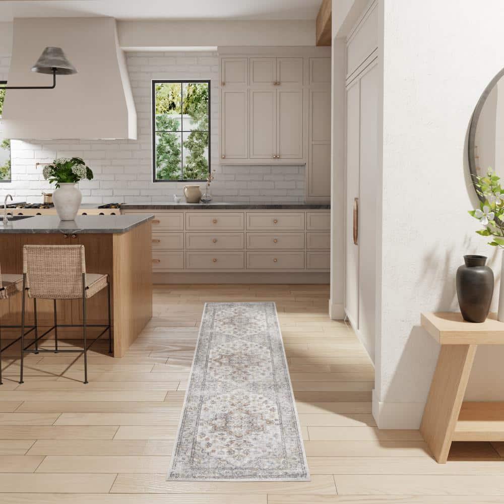 Nourison Astra Machine Washable Vintage Medallion Indoor Bathroom, Kitchen Runner Rug Grey/Multi 2'2" x 12'
