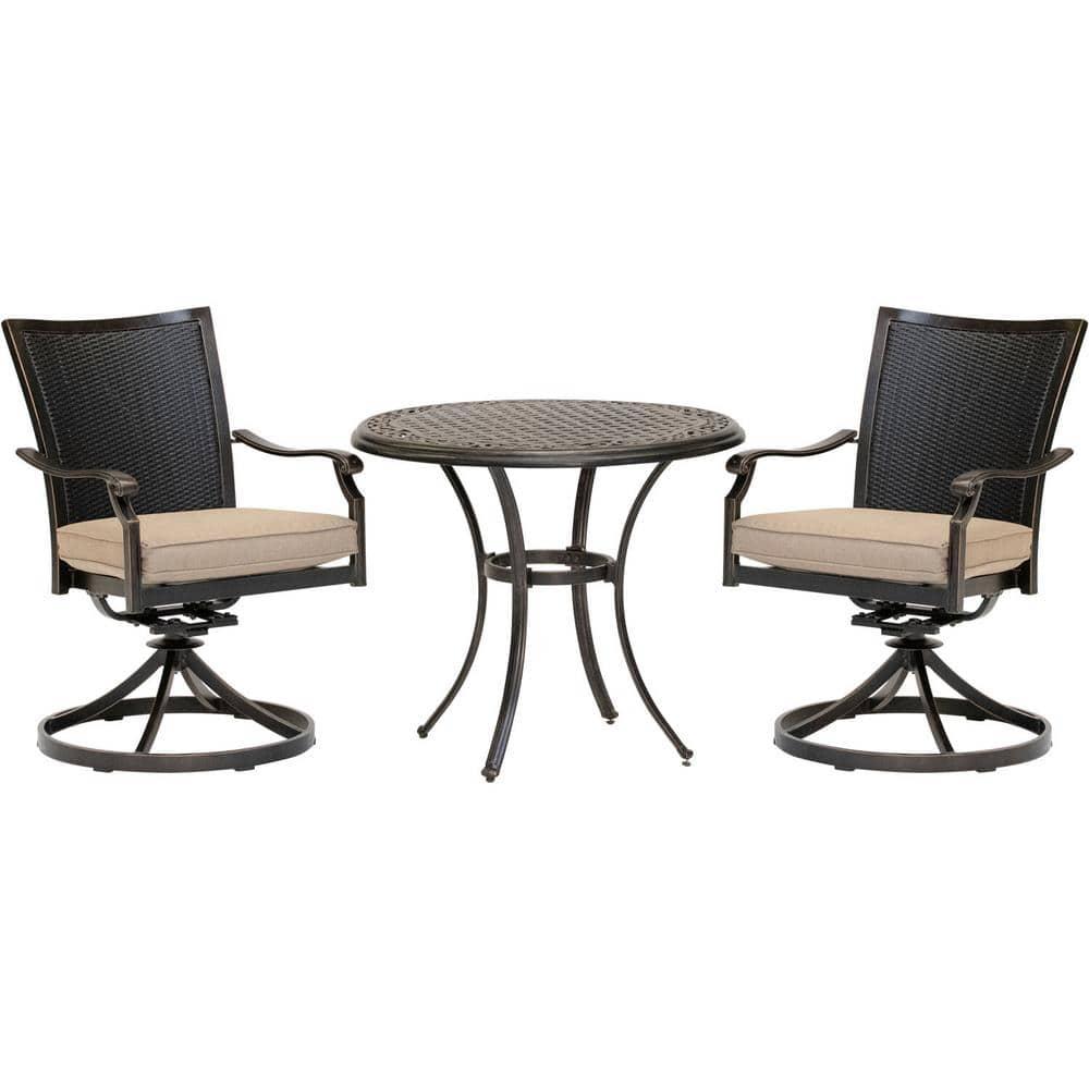 Hanover Traditions 3-Piece Outdoor Furniture Patio Bistro Set, 2 Cushioned Wicker Aluminum Swivel Rocker Chairs and 32" Round Cast Table, Natural Oat