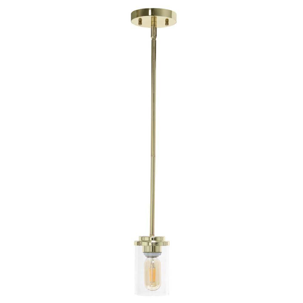 1-Light 5.75" Minimalist Industrial Farmhouse Adjustable Hanging Clear Cylinder Glass Pendant Gold - Lalia Home: UL Listed, Metal Body