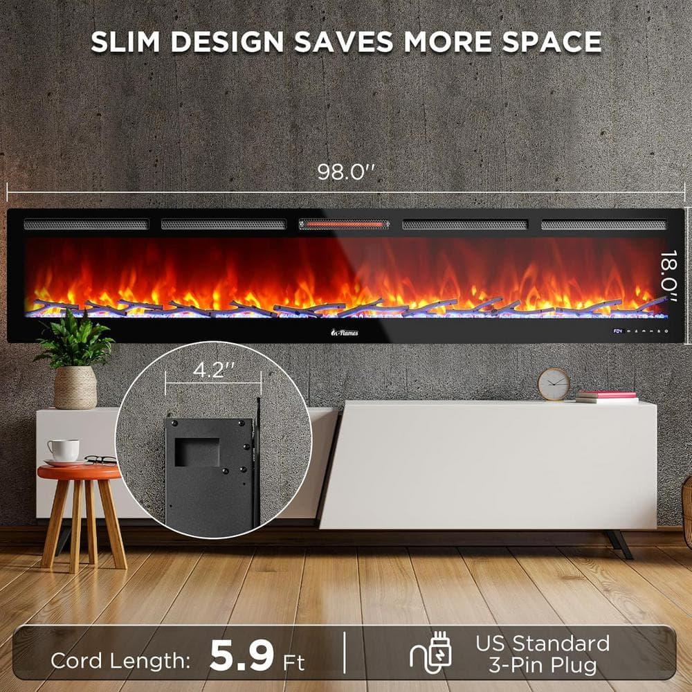 TURBRO 98” Smart WiFi Infrared Electric Fireplace with Sound Crackling and Realistic Flame, 1500W Quartz Heater, Recessed or Wall Mounted, Adjustable Flame Effects, Remote Control and App, in Flames