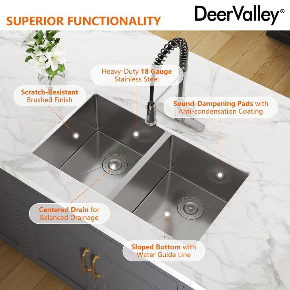 DeerValley 33'' L Undermount 50/50 Double Bowl Stainless Steel Kitchen Sink with Basket Strainers and Stainless Steel Grids