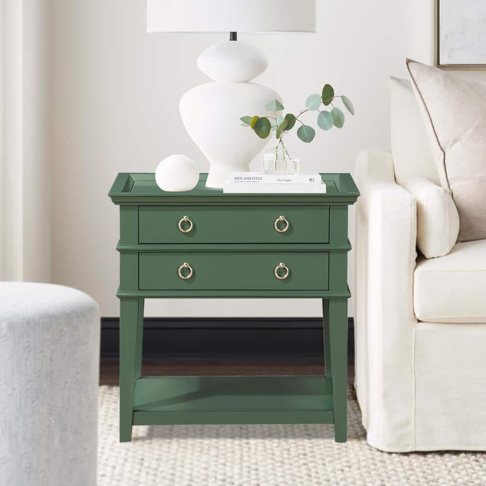 Comfort Pointe Clara Vintage Green Wood 2-Drawer Tray Top Nightstand