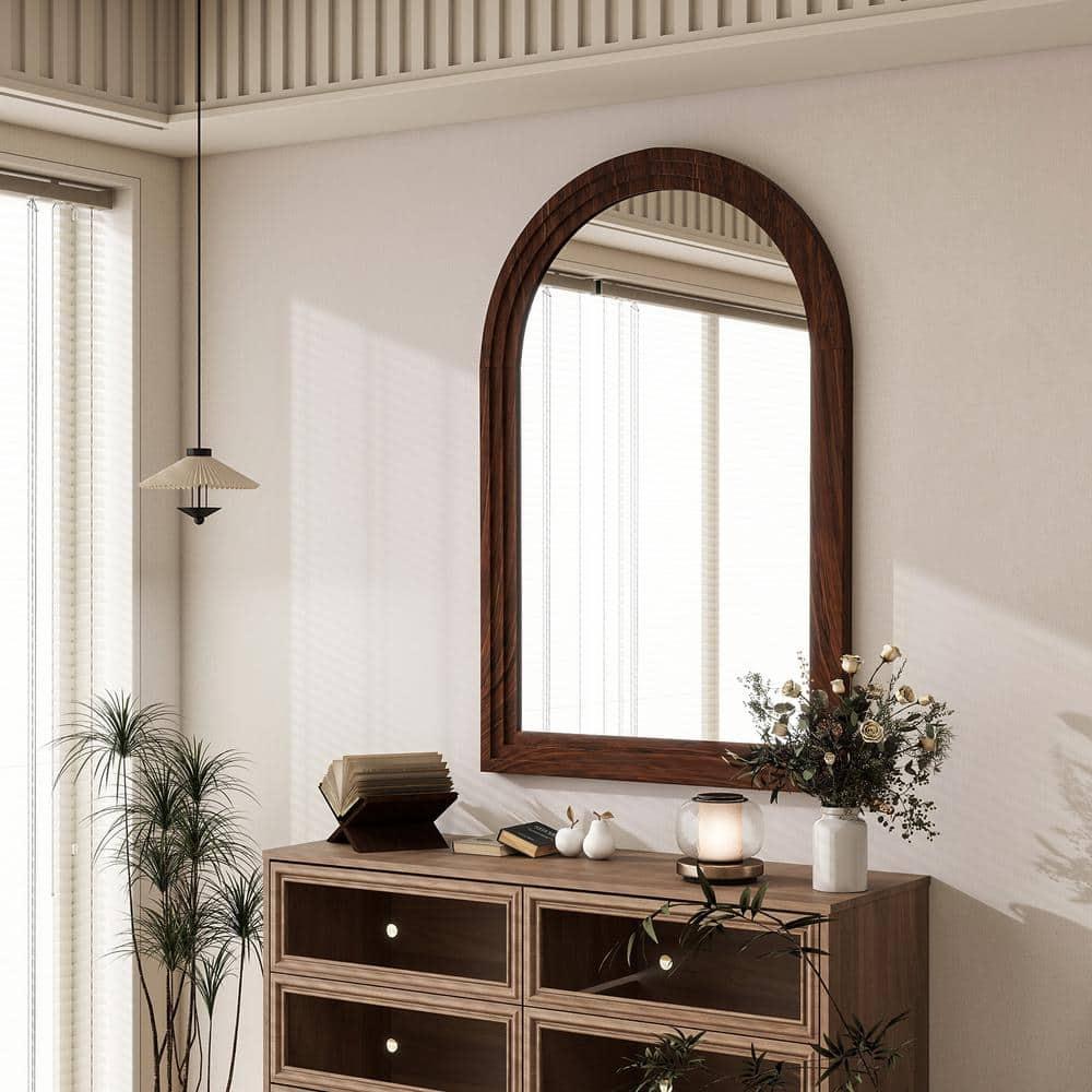 BEAUTYPEAK 36"x 24" Arched Bathroom Mirror Wall Mirror Wooden Frame,Brown