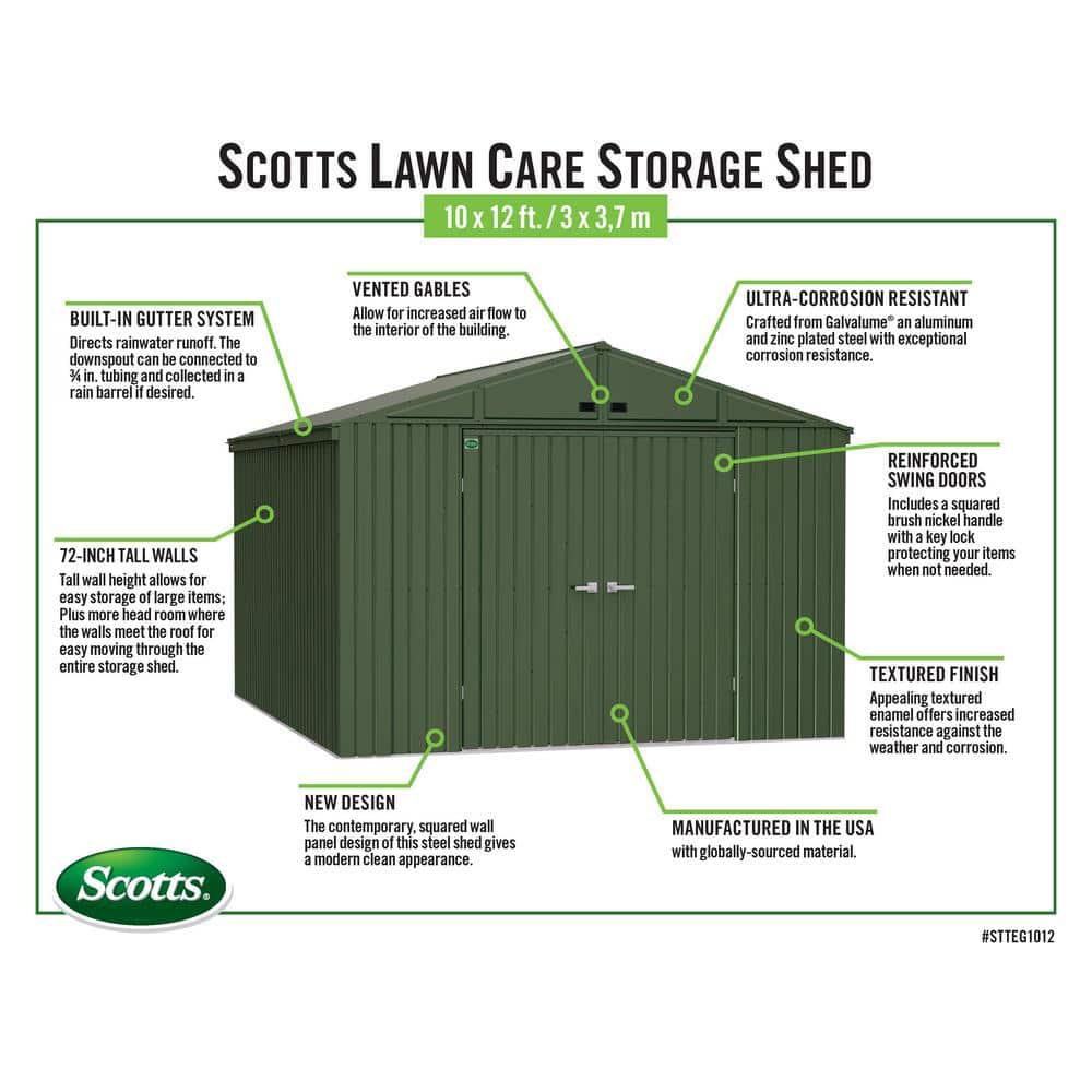 Arrow Scotts Lawn Care Storage Shed, 10x12, Green