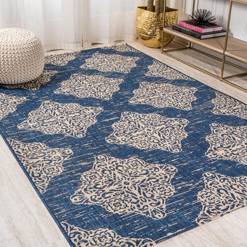 4'x6' Tuscany Ornate Medallions Indoor/Outdoor Area Rug, Navy/Beige - JONATHAN Y