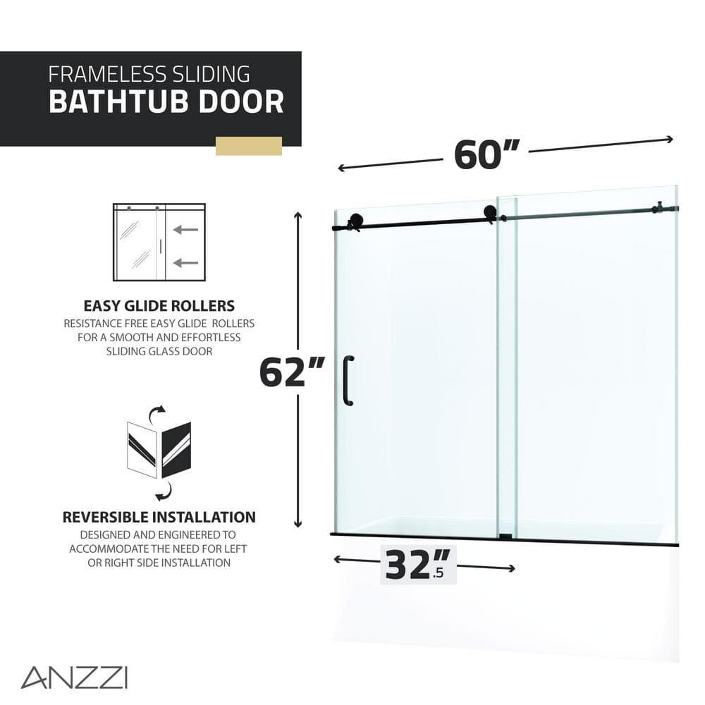 Raymore 59 - 60" W x 62" H Single Sliding Frameless Tub Door with Tsunami Guard