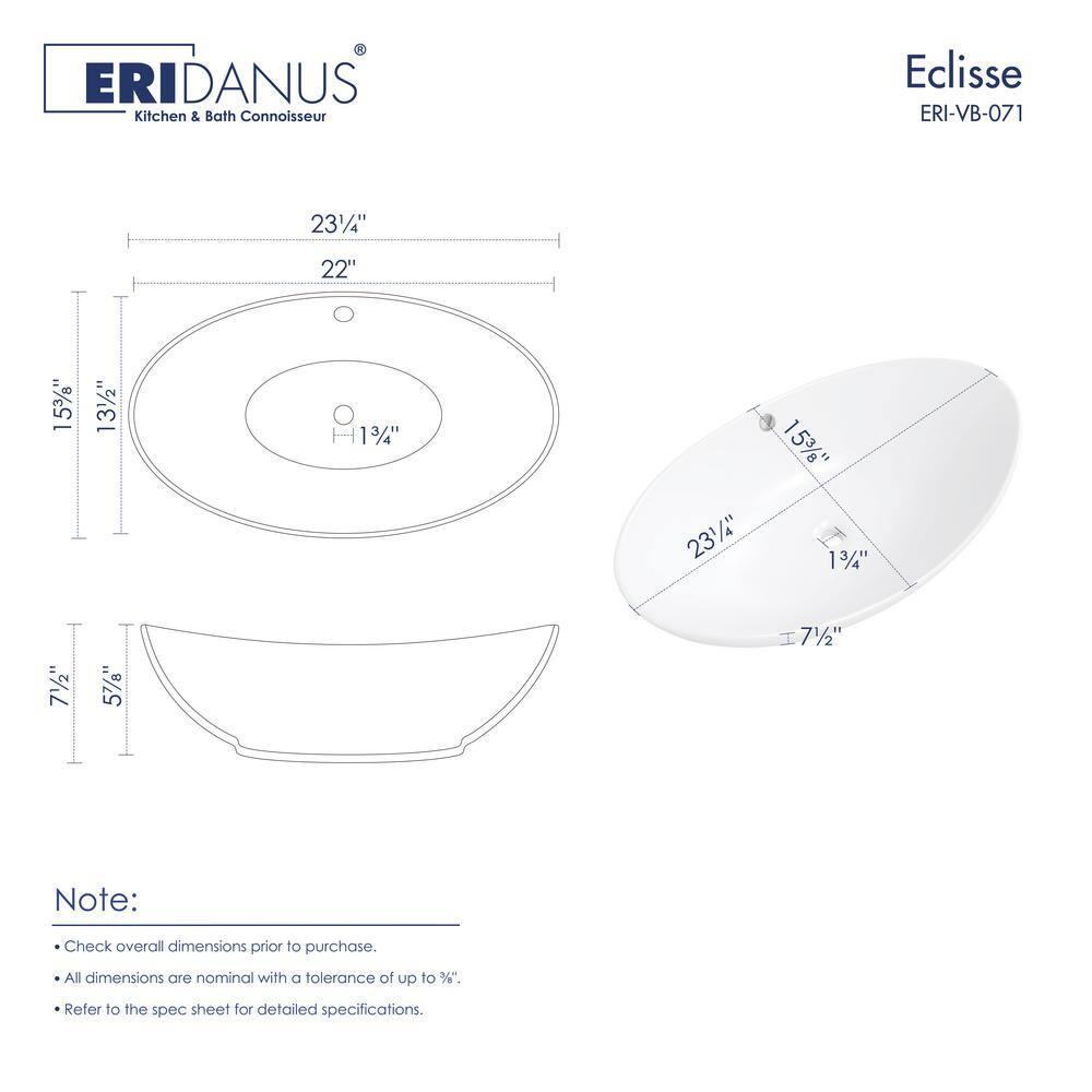Eclisse 23" x 15" White Vitreous China Oval Bathroom Vessel Sink with Overflow