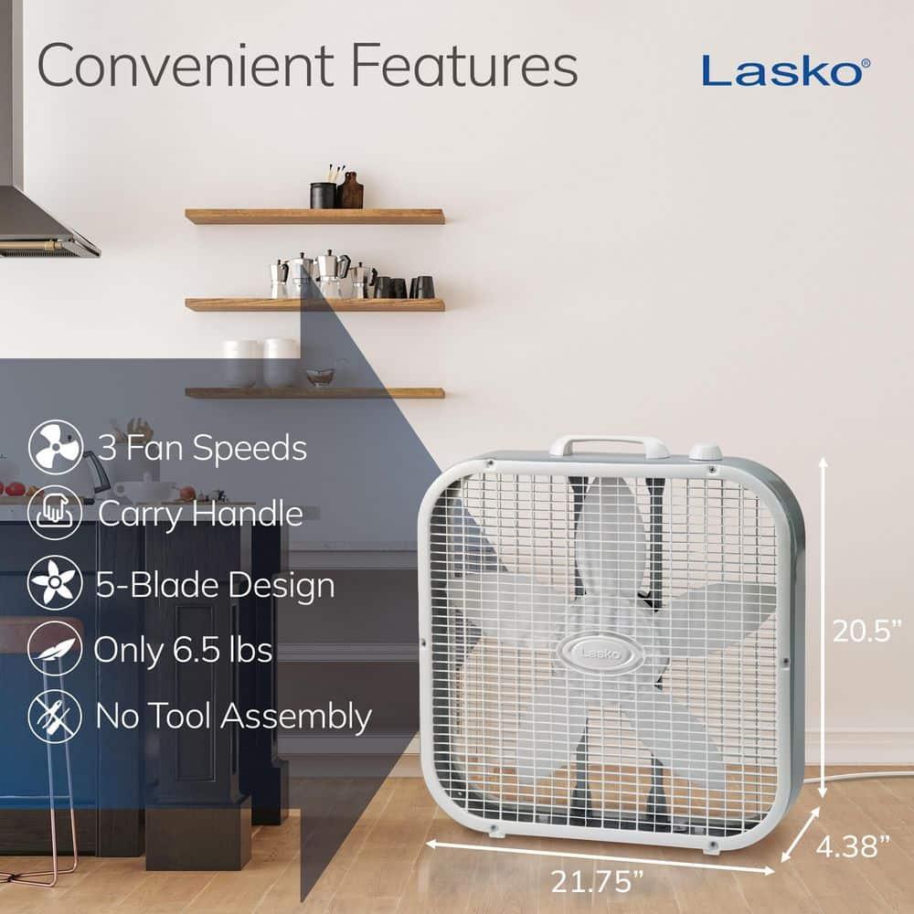 Lasko 20" Classic Box Fan with Weather-Resistant Motor, 3 Speeds, 22.5" H, White, B20200, New