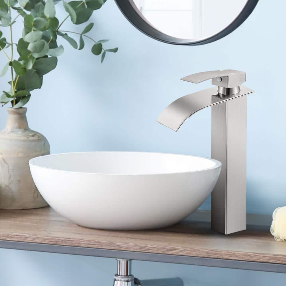 Qomolangma Vessel Sinks Waterfall Bathroom Sink Faucet, Tall Single Handle Bathroom Sink Faucets, Brushed Nickel Bathroom Faucet Suitable for 1 Hole, Staniless Steel Rv Lavatory Vanity Faucet