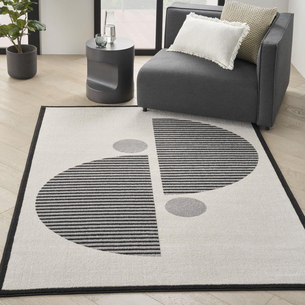 Nourison Modern Passion Circle Mid-Century Modern Indoor Rug Ivory/Black 6' x 9'