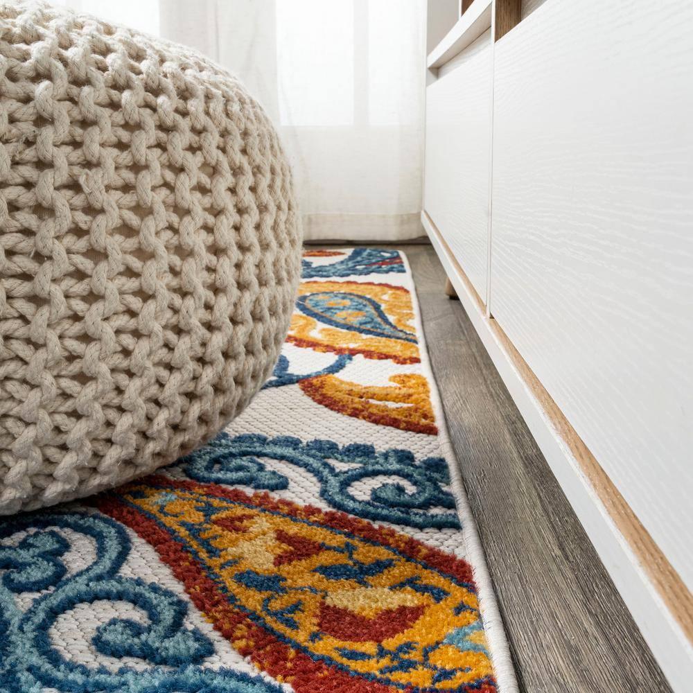 2'x8' Julien Paisley High-Low Indoor/Outdoor Area Rug, Orange/Blue - JONATHAN Y