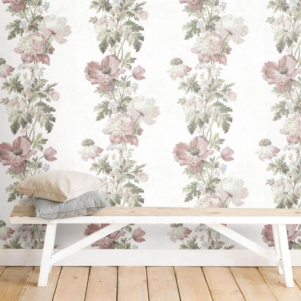 RoomMates Vintage Floral Stripe Peel and Stick Wallpaper Pink: Self-Adhesive Vinyl, Botanical Pattern, 28.3 Sq Ft Coverage