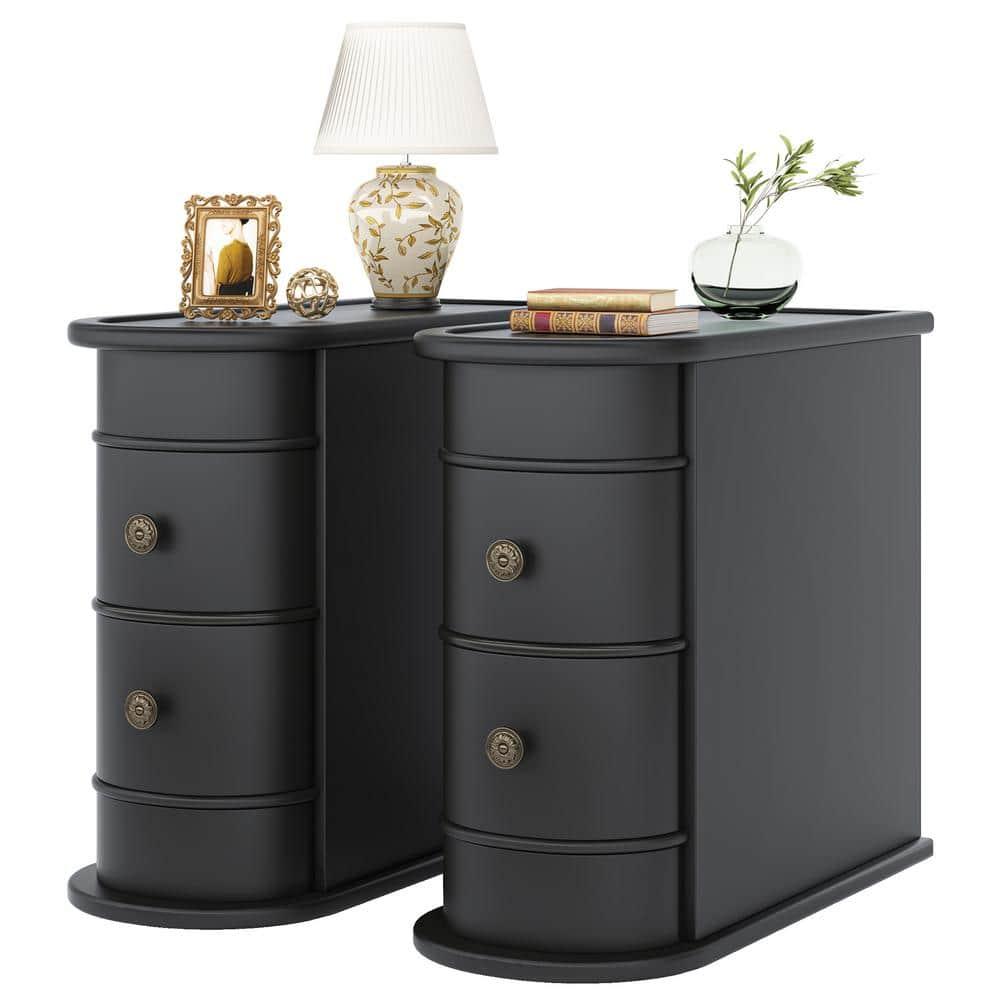 Hommoo Wood Narrow Nightstand with 2 Drawers Black