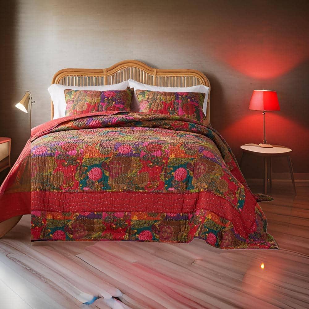 Benjara Lewi 3pc King Quilt Set, Kantha Style Dark Red Floral Cotton Microfiber