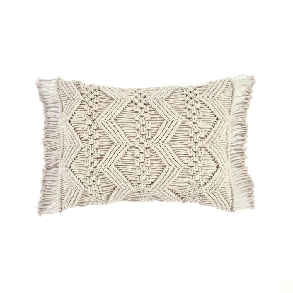 13"x20" Oversize Studio Chevron Macrame Lumbar Throw Pillow Cover with Fringes Neutral - Lush Décor: Cotton Weave, Zipper Closure