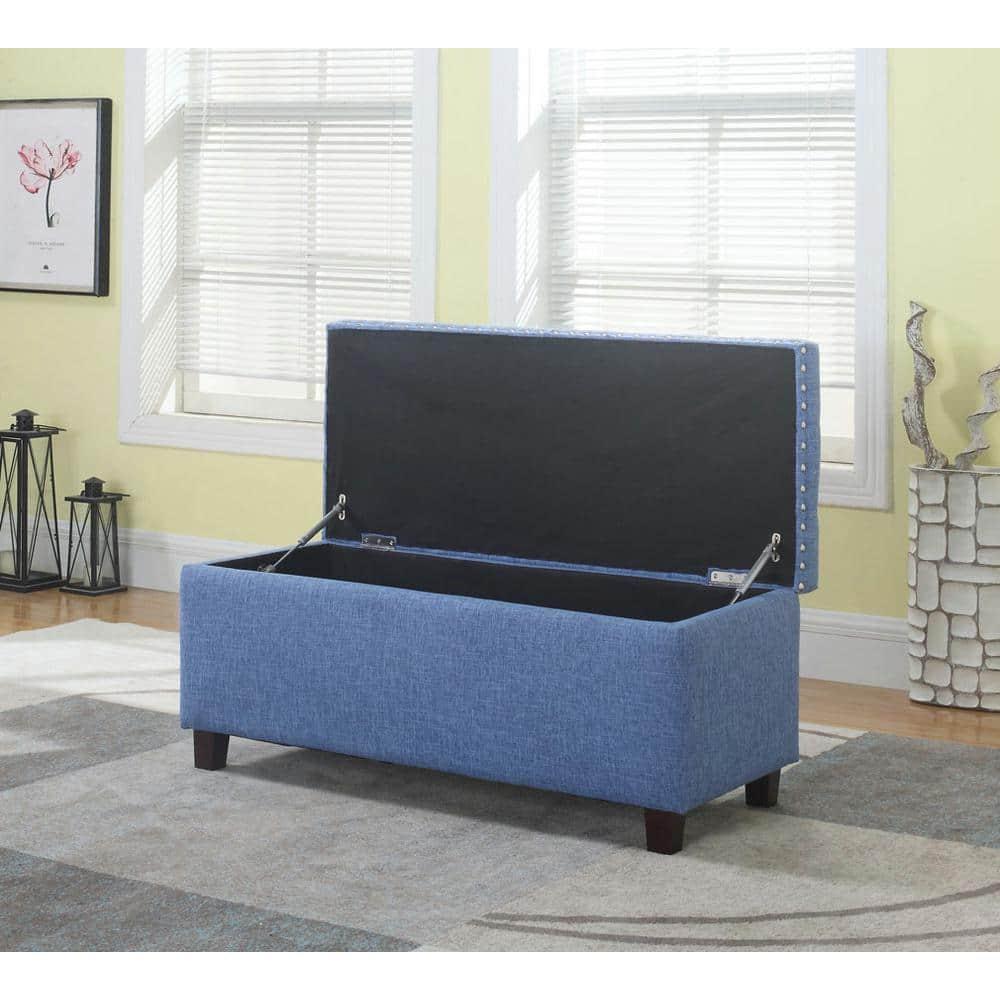 Nathaniel Home, Modern Storage Ottomans, Rectangular Ottomans with Storage, Nailhead Trim Ottomans, Upholstered Ottoman Coffee Table for Bedroom Blue