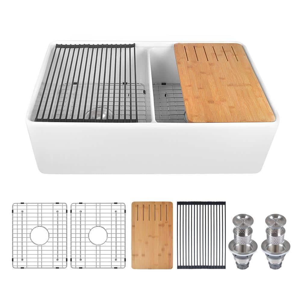 DeerValley 33" L X 20" W Double Basin Workstation Farmhouse Kitchen Sink With Sink Grid, Cutting Board And Dish-Drying Rack
