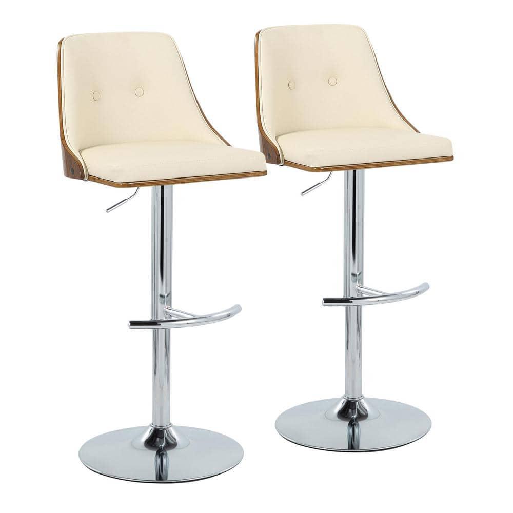 Set of 2 Gianna Adjustable Barstools: Chrome/Walnut/Cream, Swivel, Faux Leather - LumiSource