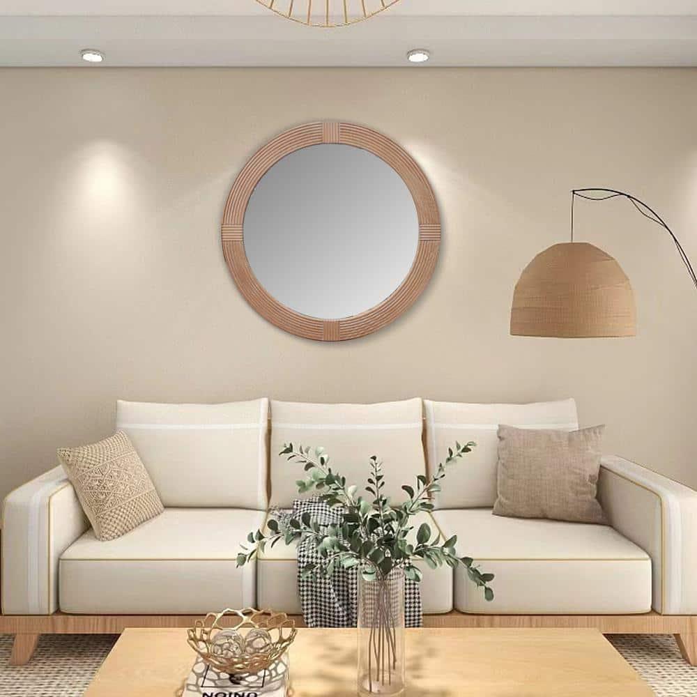 Parisloft 31.5 Inch Round Natural Wood Decorative Wall Mirror, Farmhosue Rustic Wall Mirror
