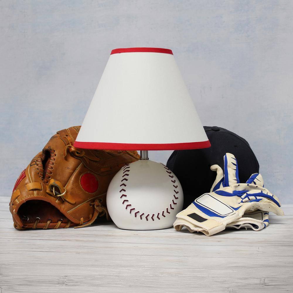 Grovelane SportsLite 11.5" Tall Athletic Sports Baseball Base Ceramic Bedside Table Desk Lamp with White Empire Fabric Shade with Red Trim