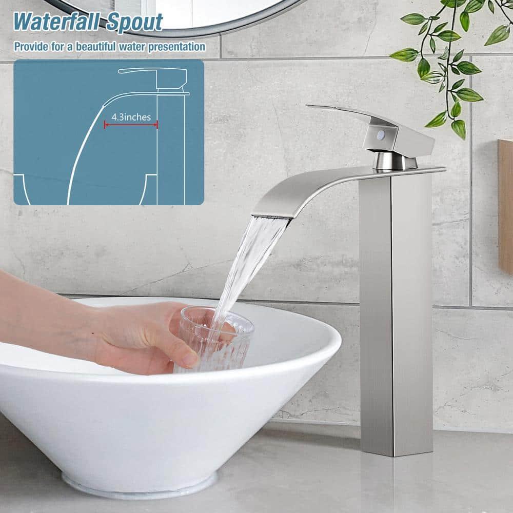 Qomolangma Vessel Sinks Waterfall Bathroom Sink Faucet, Tall Single Handle Bathroom Sink Faucets, Brushed Nickel Bathroom Faucet Suitable for 1 Hole, Staniless Steel Rv Lavatory Vanity Faucet