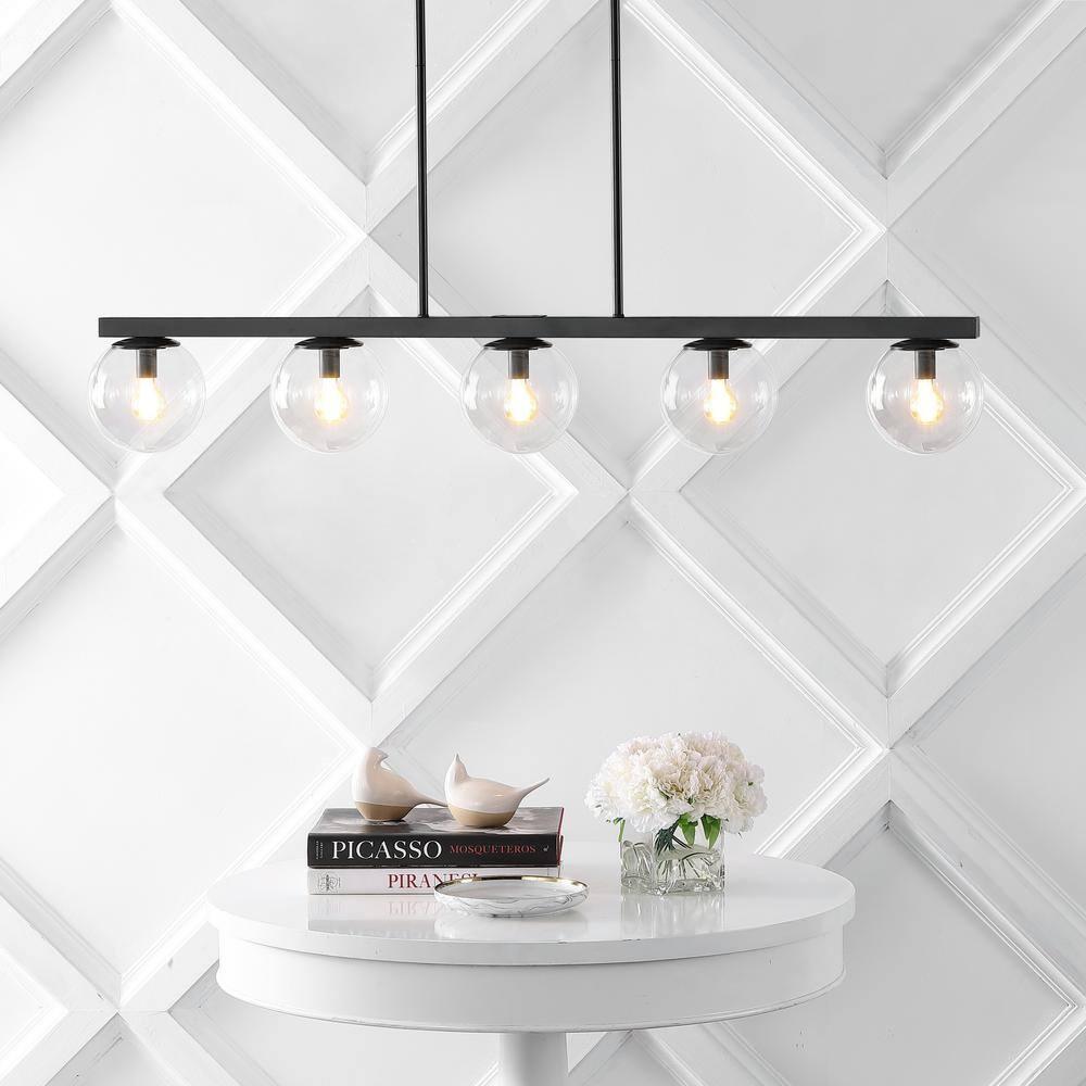 JONATHAN Y Luca Parisian 45.5" 5-Light Modern Glam Iron Globe Linear LED Pendant, Black/Clear