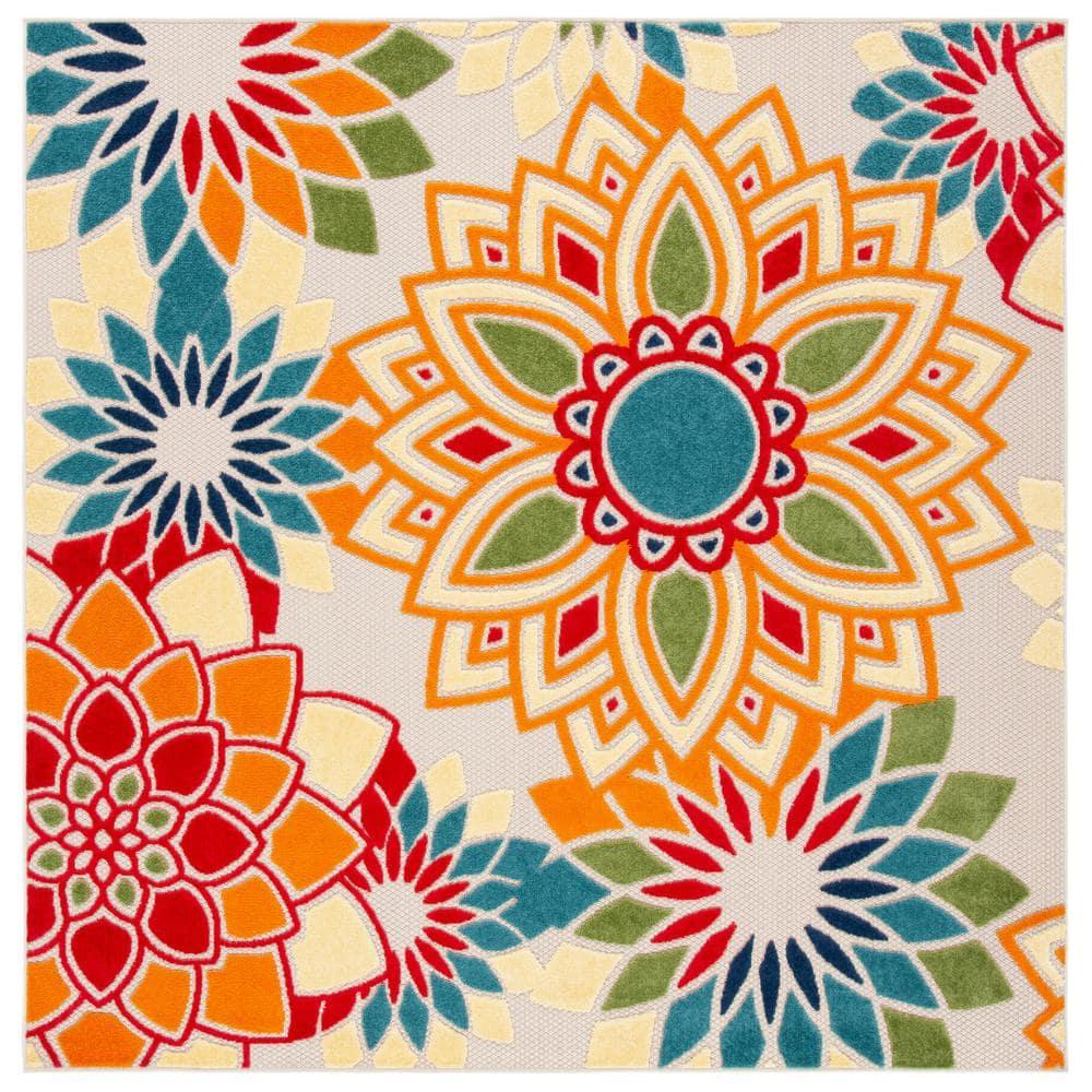 Cabana CBN328 Power Loomed UV Resistant Indoor/Outdoor Accent Rug - Ivory/Orange - 3'x3' - Safavieh