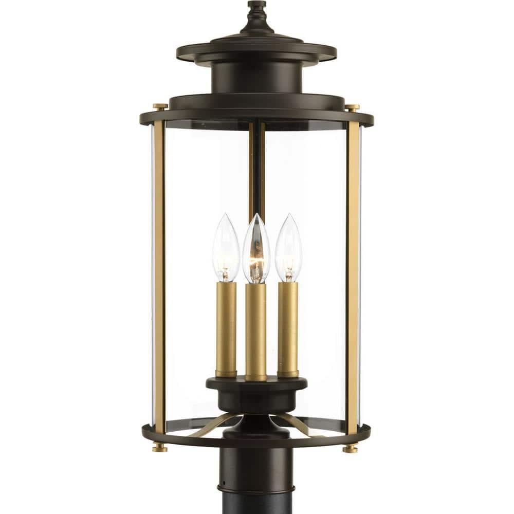 Progress Lighting, Squire Collection, 3-Light Post Lantern, Antique Bronze, Clear Glass Shade