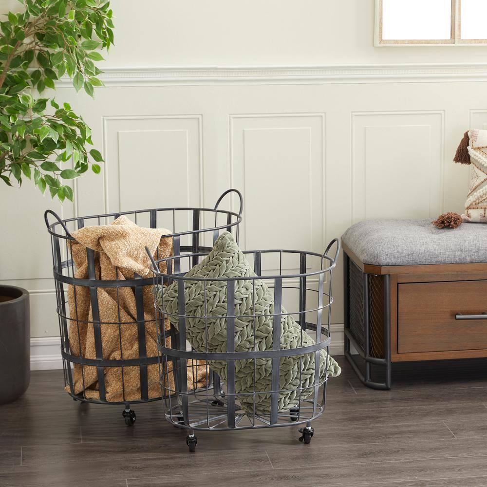 DecMode 25", 22"H Black Metal Wire Grid Storage Basket with Wheels and Handles, 2-Pieces
