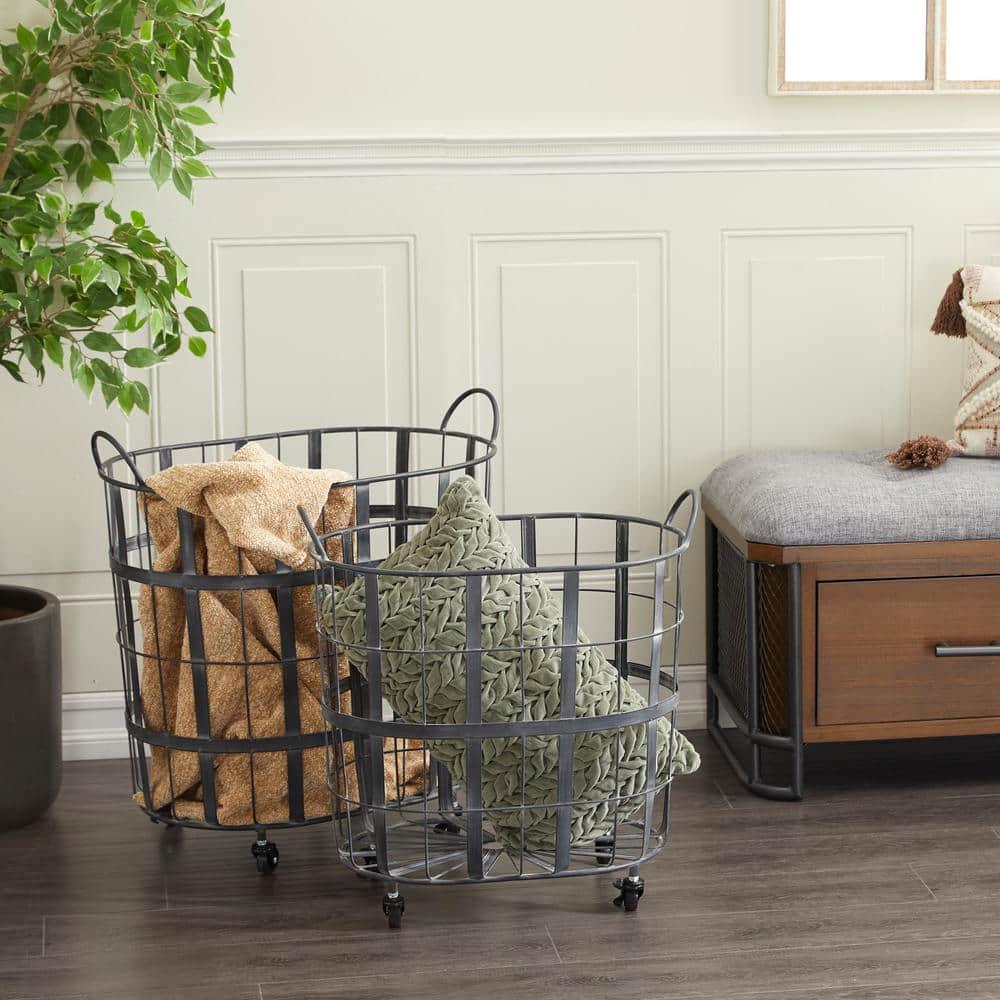 DecMode 25", 22"H Black Metal Wire Grid Storage Basket with Wheels and Handles, 2-Pieces