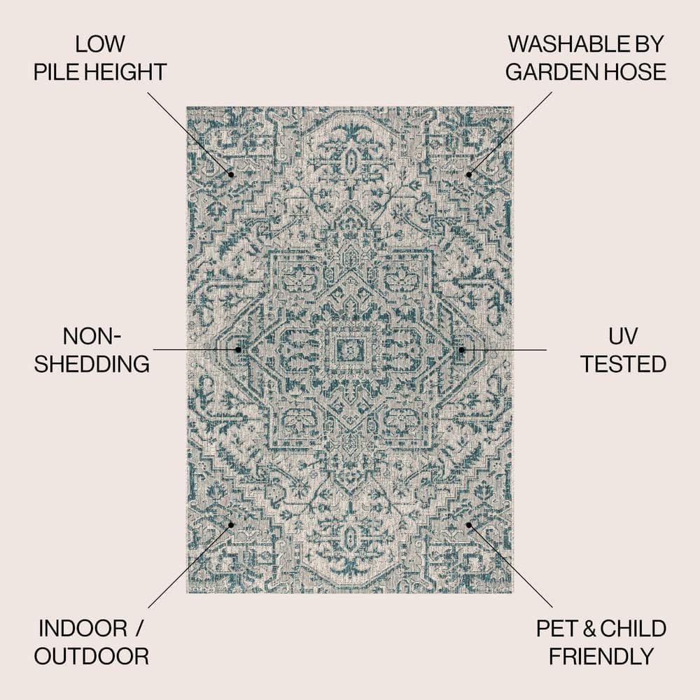 8'x10' Estrella Bohemian Medallion Textured Weave Indoor/Outdoor Area Rug, Teal/Gray - JONATHAN Y