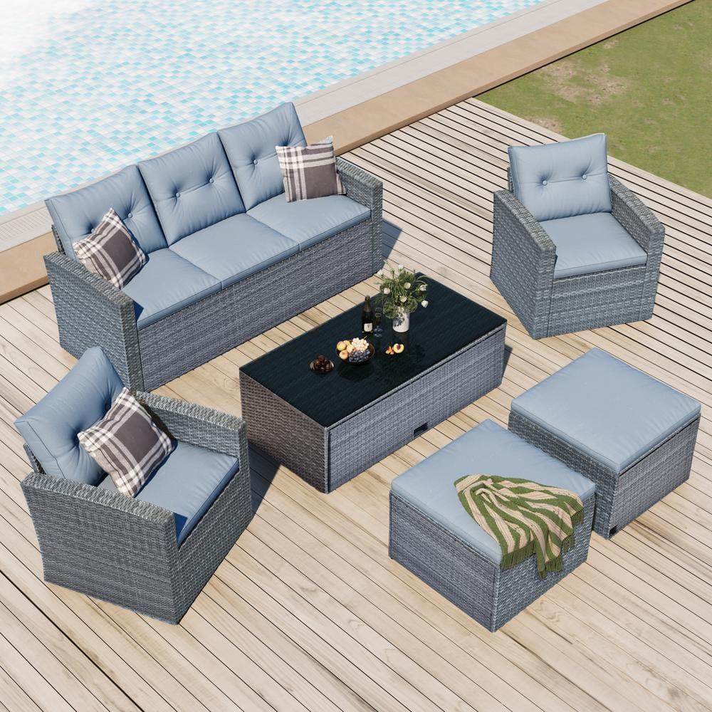 Outdoor Sectional Sofa Set, Patio Outdoor Furniture Wicker with Powder Coated Steel and Cushions for Pool Backyard Lawn, Gray
