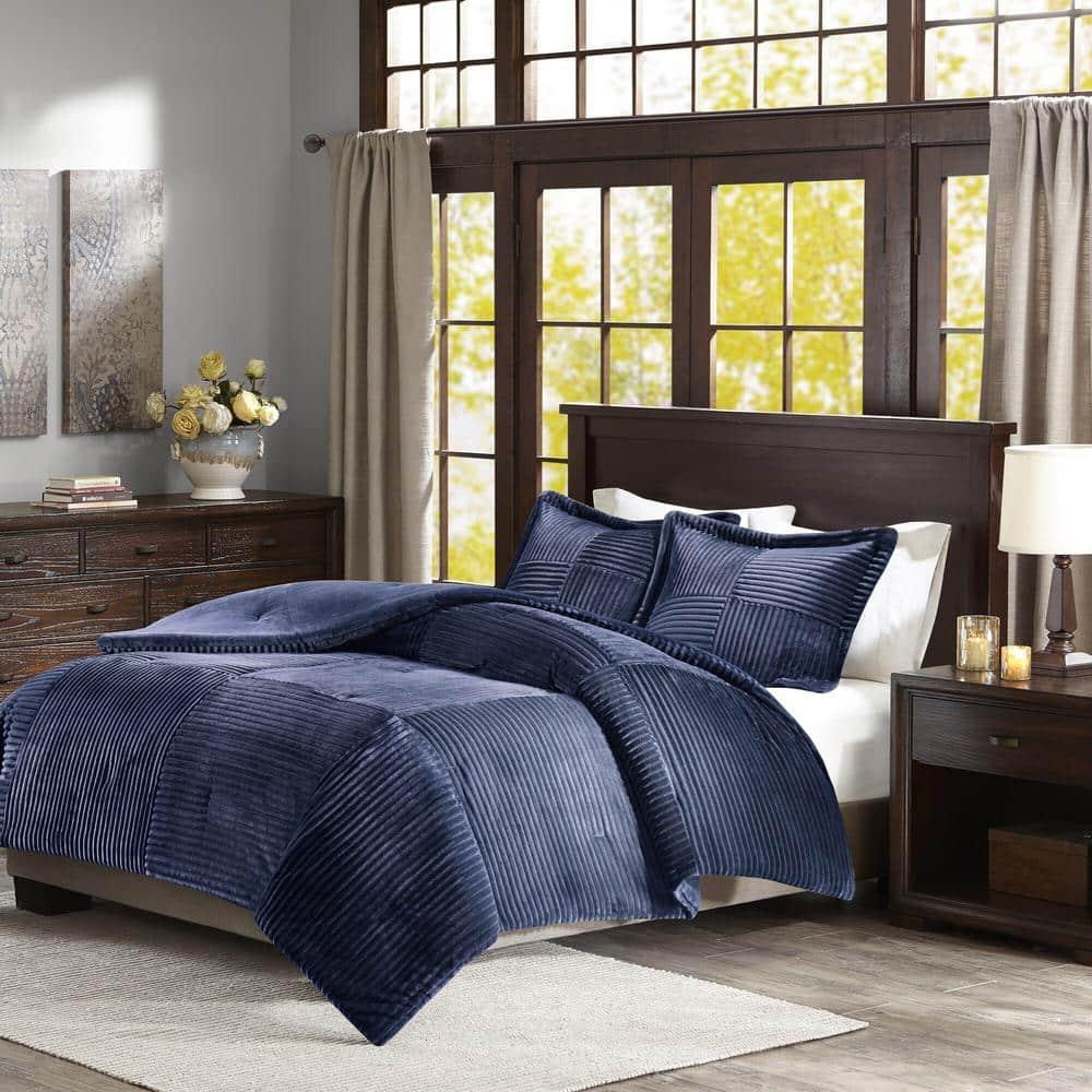 Madison Park 3pc Full/Queen Williams Corduroy Plush Comforter Mini Set Navy Blue: Microfiber, Transitional Style, Machine Washable