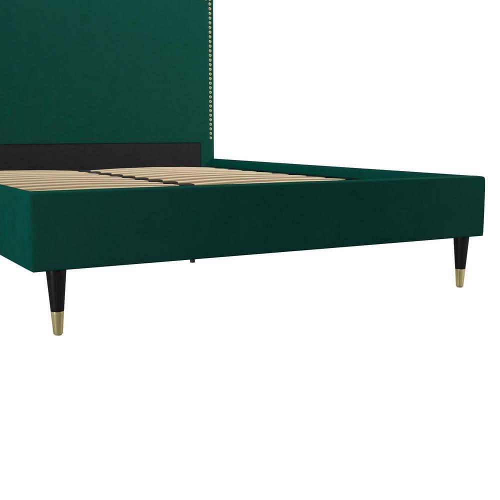 CosmoLiving by Cosmopolitan Queen Audrey Velvet Upholstered Bed Emerald Green: Luxury Glam Style, No Box Spring Needed