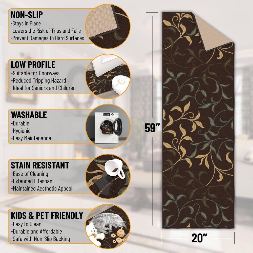 Ottohome Non-Slip Leaves Area Rug For Living Room, Hallway Runner, Entryway Rug, Brown