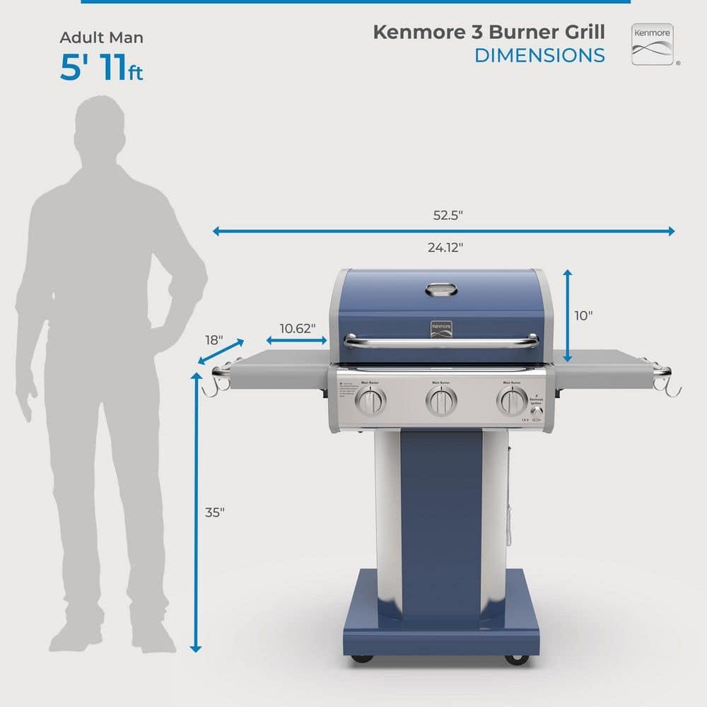 Kenmore 3-Burner Propane Gas Grill with Foldable Side Tables for Outdoor BBQ