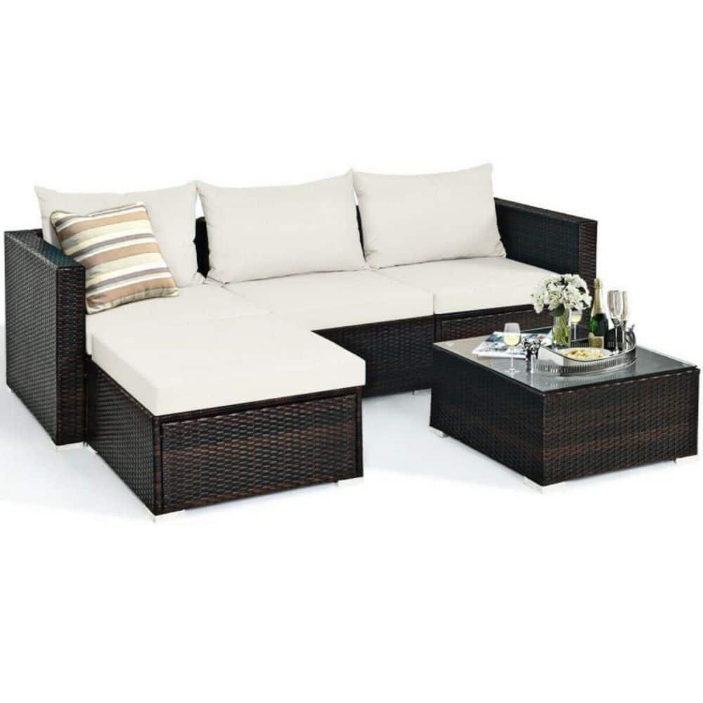 Topcobe 5 Pieces Patio Rattan Sectional Furniture Set with Cushions and Coffee Table, Outdoor Furniture, Off White