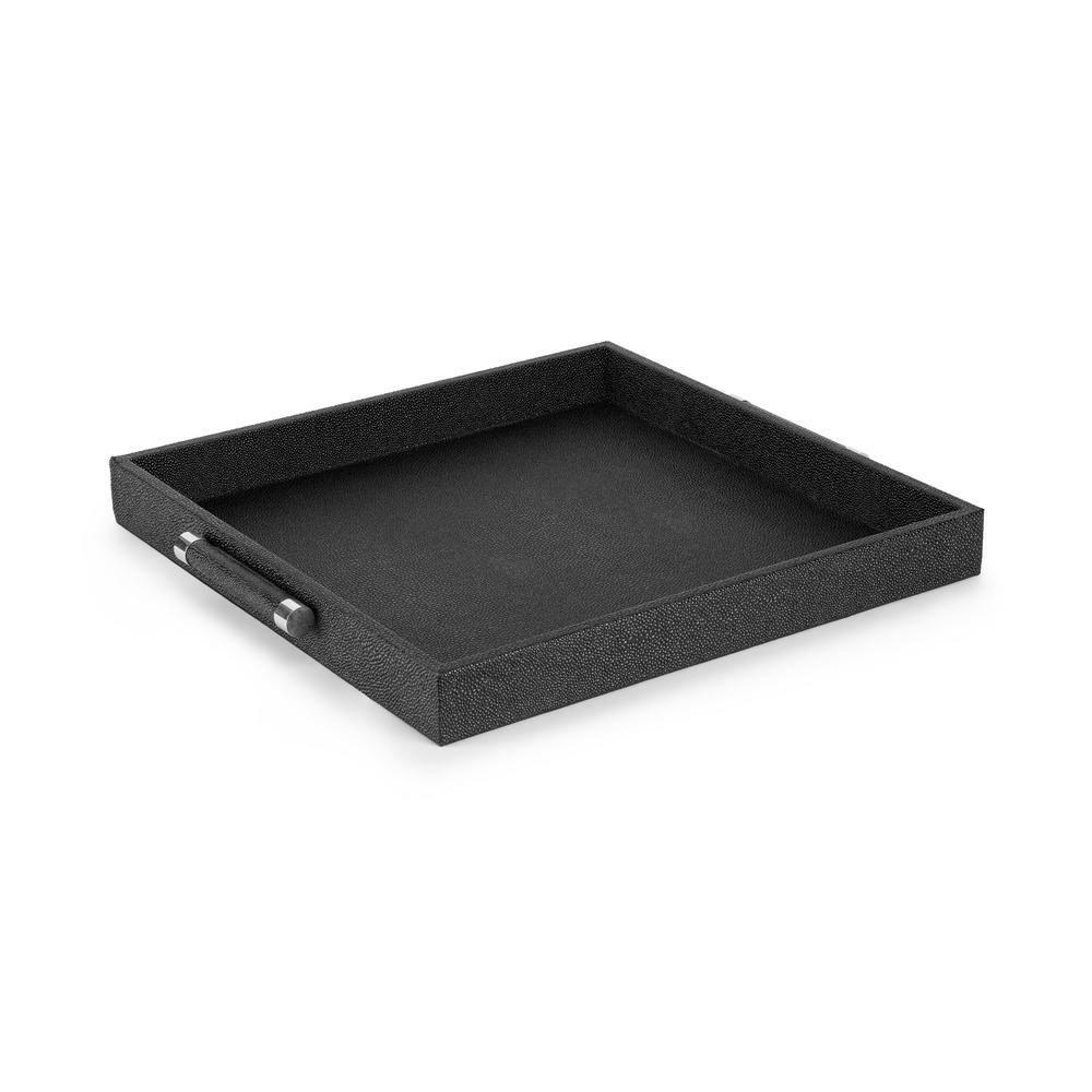 Decorative Serving Tray-Black Shagreen Square with Stainless Steel Silver Handles 18.11 X 18.11 X 1.96" Polyurethane