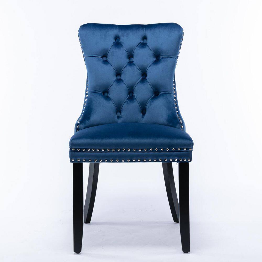 Velvet Upholstered Dining Chairs Set of 2, Wingback Dining Room Chairs with Ring Pull, Nailhead Trim and Tufted Button Back, Luxury Dining Chairs for Living Room Kitchen, (Blue)