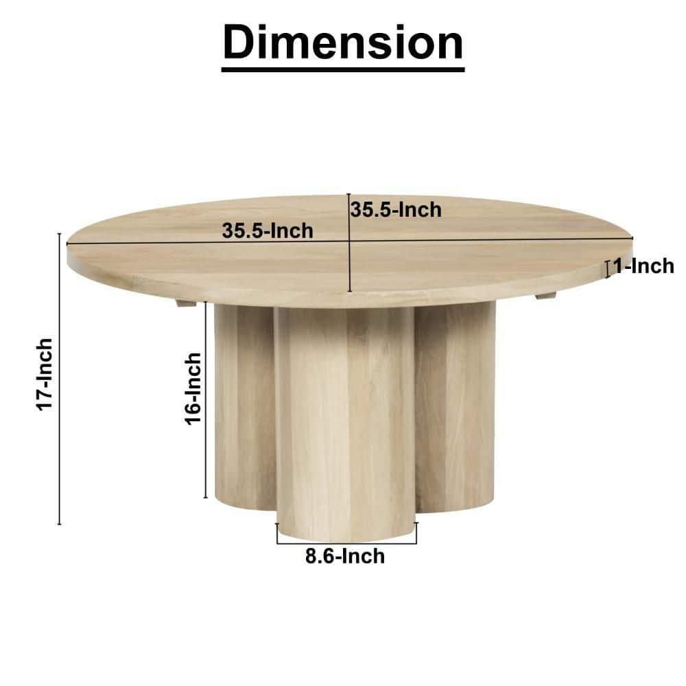 The Urban Port Hazel Coffee Table with 3 Pillar Legs, 35.5 Inch Round Top, Natural Brown Mango Wood