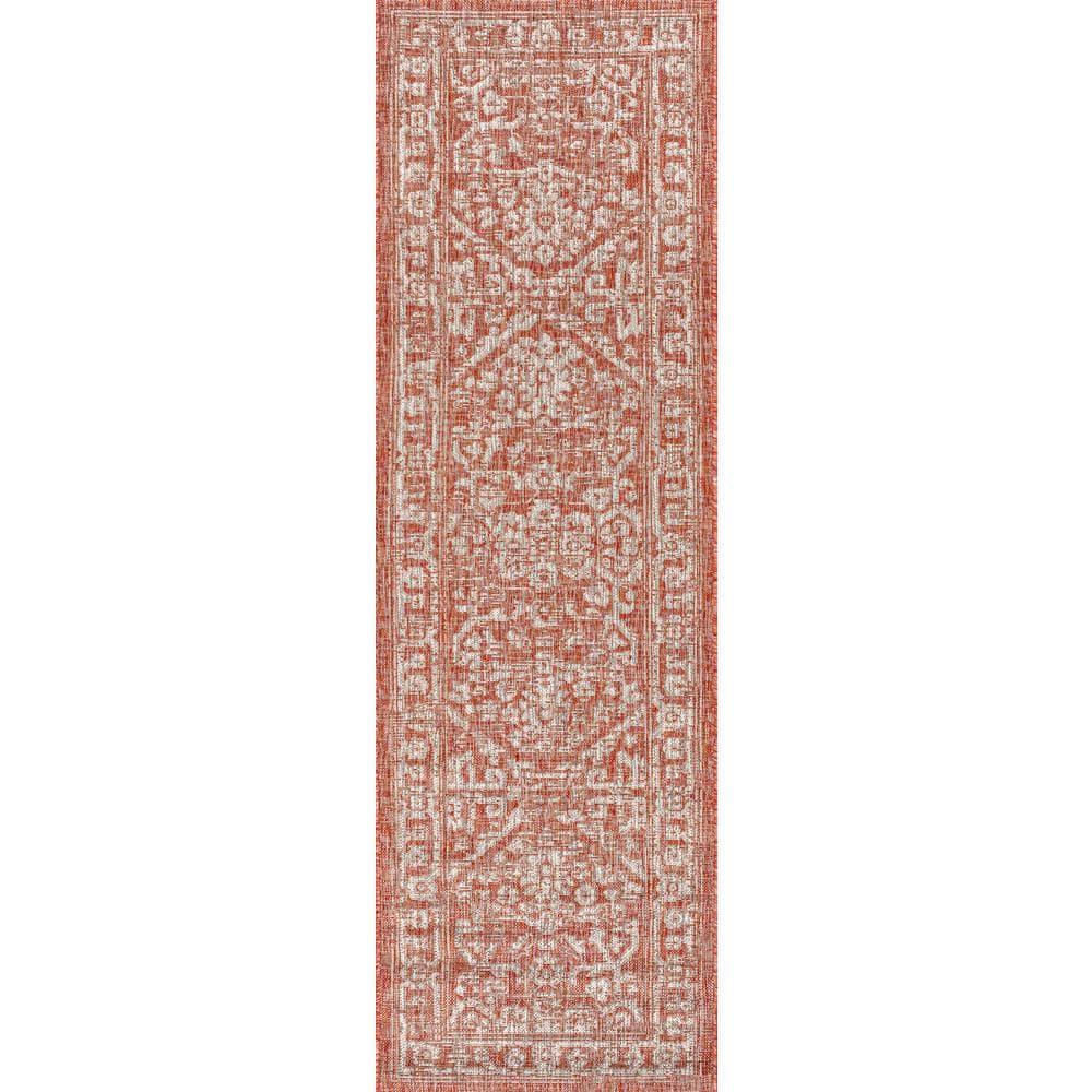 2' X 10' Malta Bohemian Medallion Textured Weave Indoor/Outdoor Runner Rug, Red/Taupe - JONATHAN Y