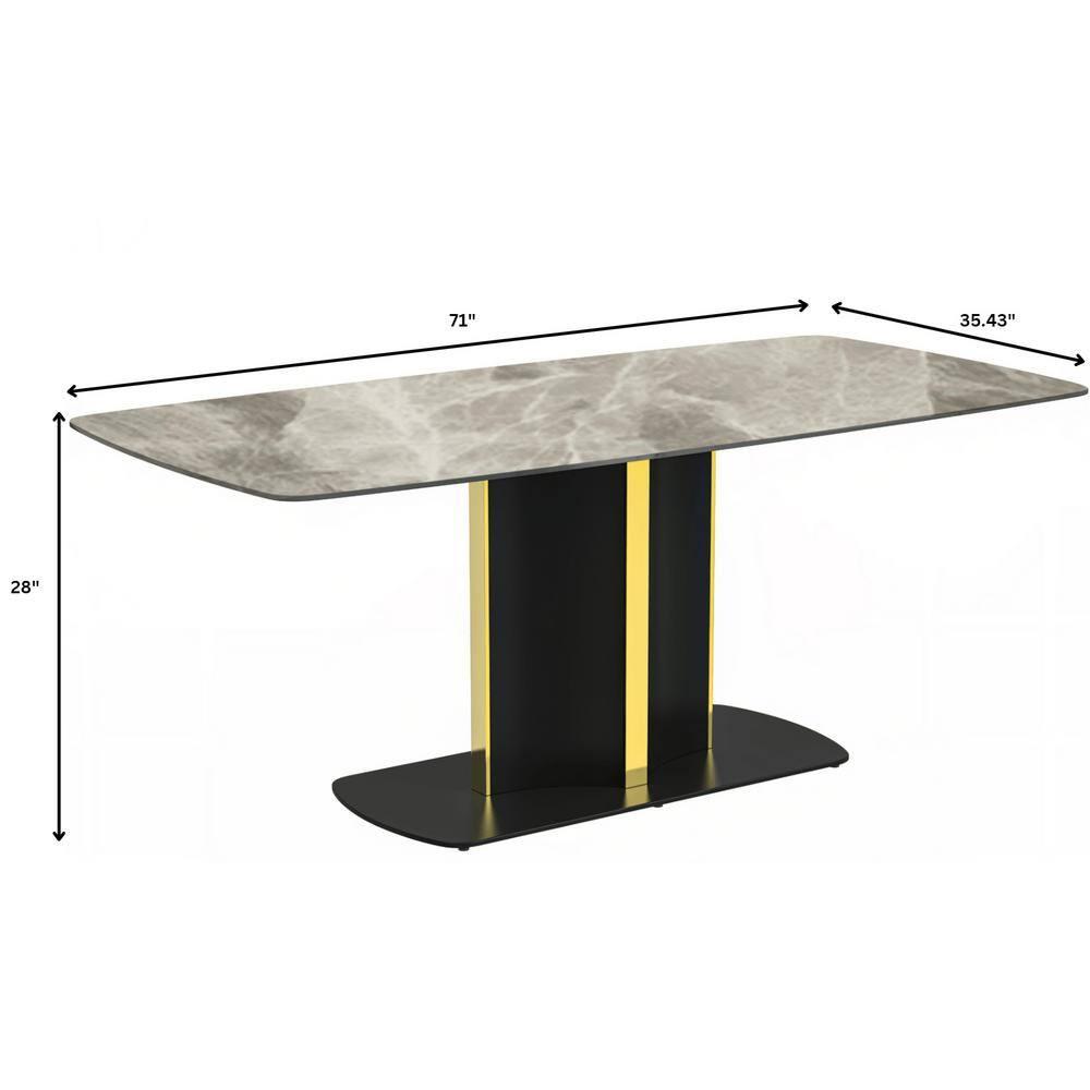 LeisureMod Sylva 71" Rectangular Dining Table Indoor Modern Kitchen Table with Sintered Stone Wide Top and Steel Pedestal Base in Deep Grey