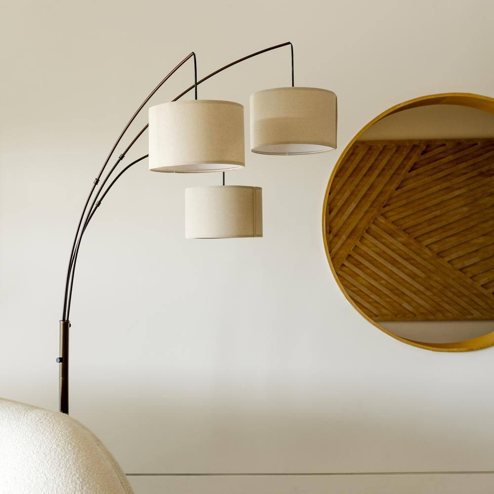 Brightech Trilage 84 in. Mid-Century Modern 3-Light Adjustable LED Arched Standing Floor Lamp with 3 Fabric Drum Shades