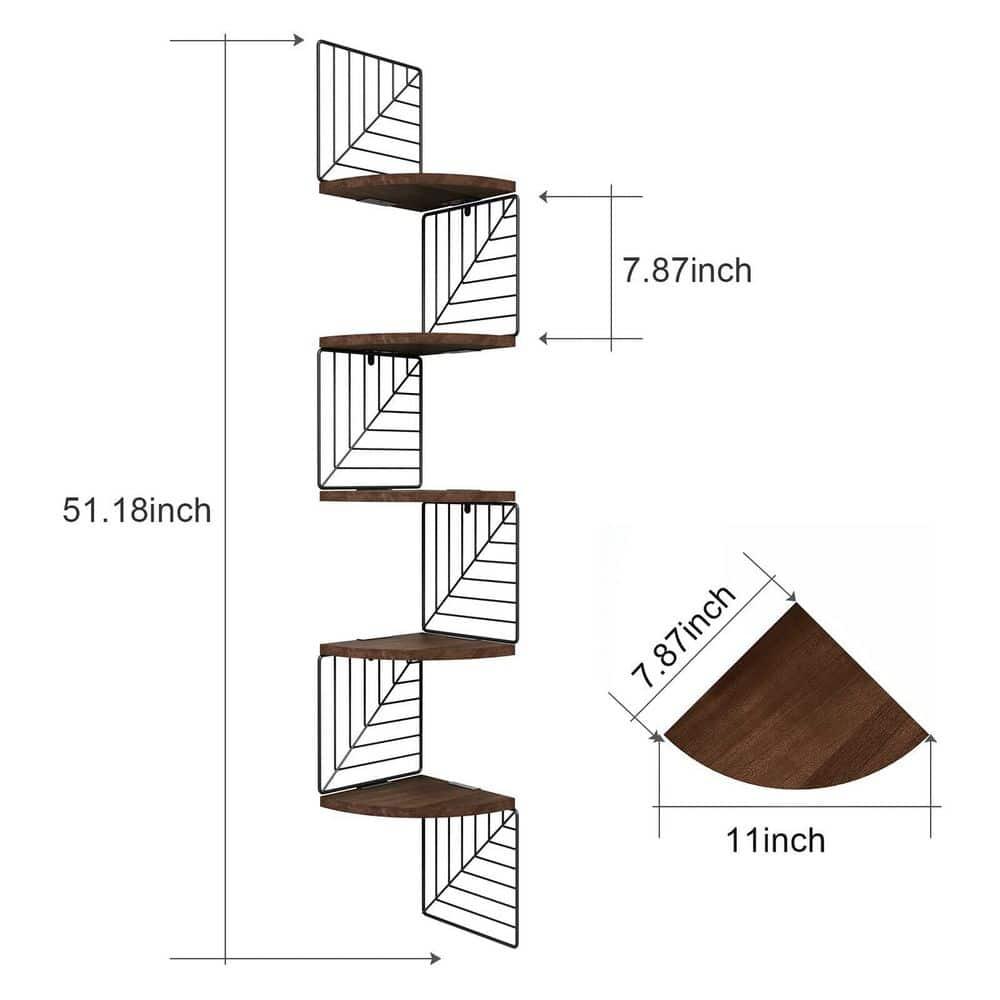 Dark Walnut 5-Tier Floating Corner Wall Shelves with Metal Brackets