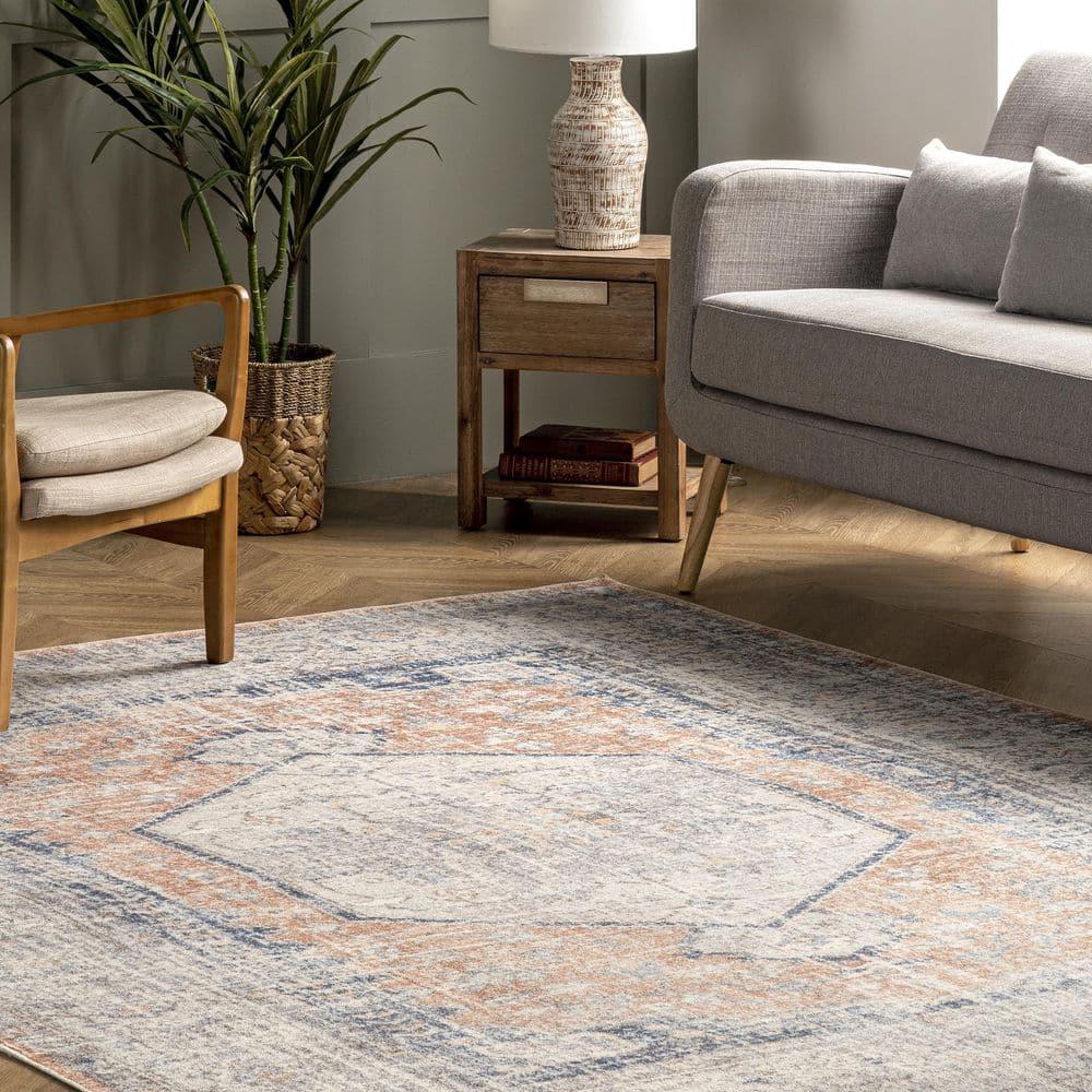 Nuloom 6 Square Machine Washable Rain Haven Vintage Medallion Indoor Area Rug, Peach Non-Slip Backing, Stain Resistant,  BedroomLiving Room, Kitchen